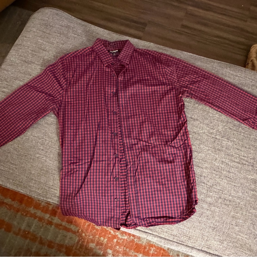 Express Men's Plaid Shirt - Burgundy and Navy